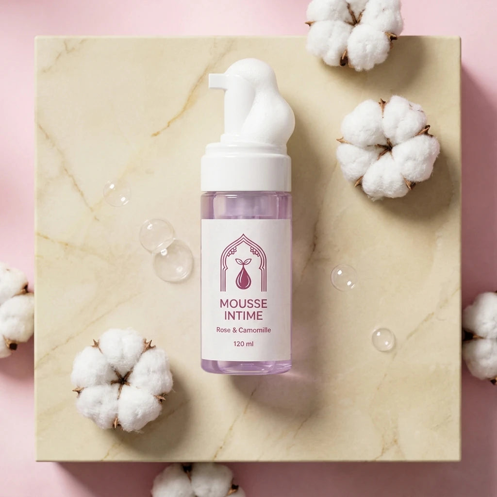 Mousse pour soins intimes, flacon pompe, étiquette violette, 120 ml