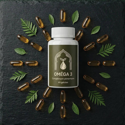 Flacon de capsules Oméga 3, étiquette sombre et bouchon cannelé, capsules dorées autour.