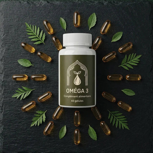 Flacon de capsules Oméga 3, étiquette sombre et bouchon cannelé, capsules dorées autour.