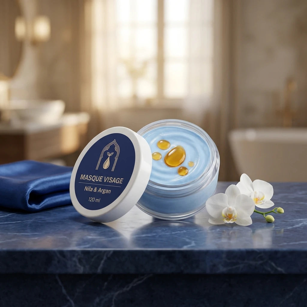 Pot de masque visage bleu ciel avec couvercle, gel bleu et gouttes d’huile dorées, orchidée blanche
