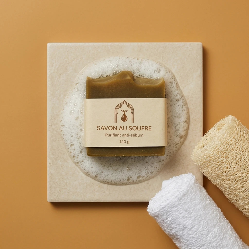 Savon au soufre brun foncé, étiquette crème, mousse blanche sur plaque carrée.