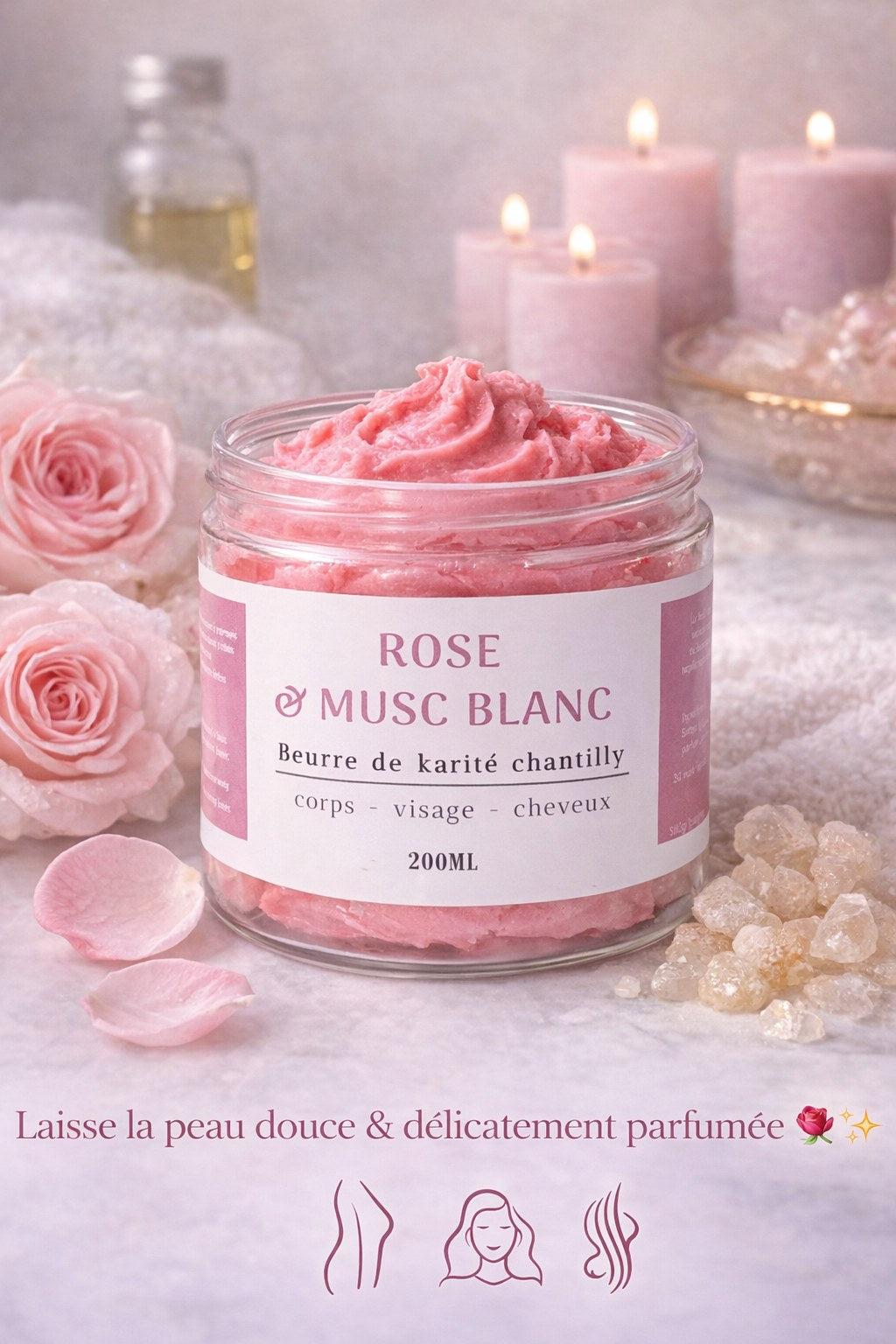 Beurre de karité TAYIB Rose & Musc Blanc entouré de roses