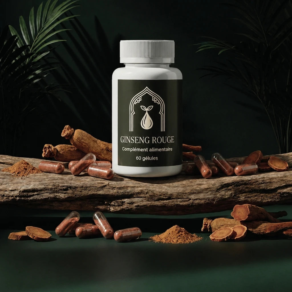 Bouteille de ginseng rouge sur une bûche, gélules marron et poudre visible autour.