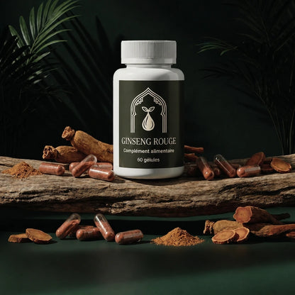 Bouteille de ginseng rouge sur une bûche, gélules marron et poudre visible autour.