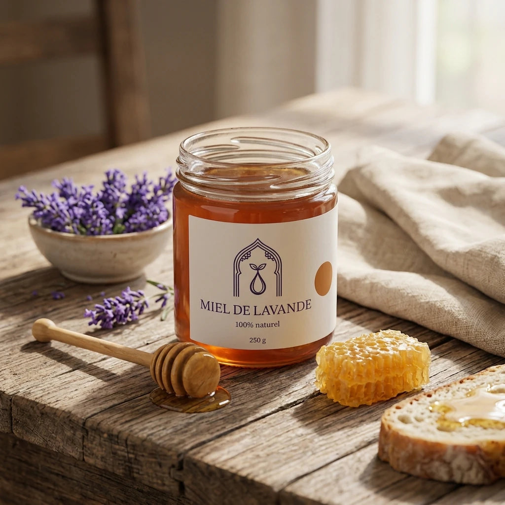 Pot de miel de lavande en verre, miel ambré, cuillère en bois et pain d’abeille.
