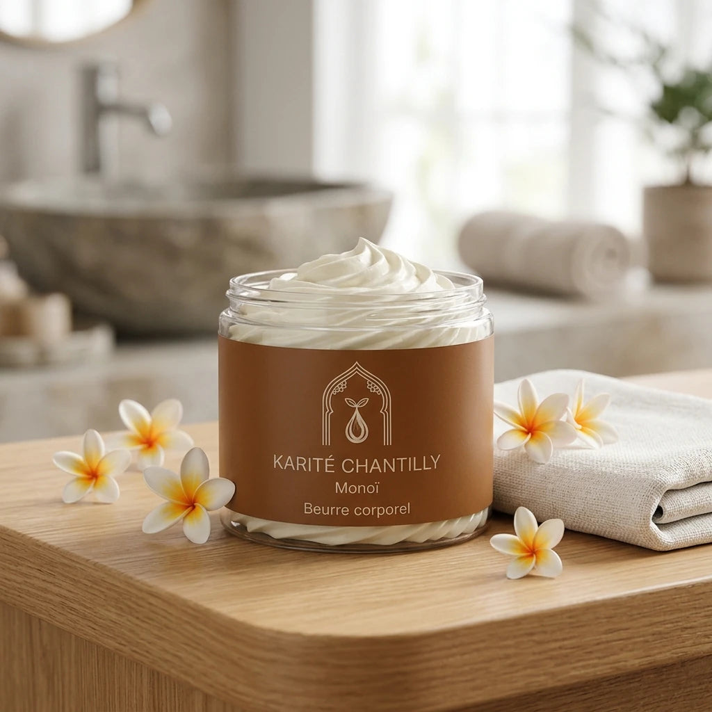 Beurre de karité chantilly au monoï en pot en verre, crème blanche, logo sur étiquette brune.