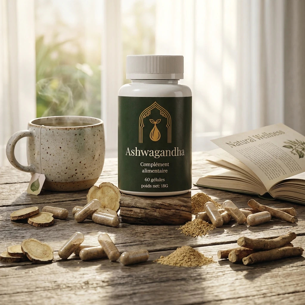 Bocal de complément alimentaire Ashwagandha vert avec tasse, livre, poudre et gélules sur bois.
