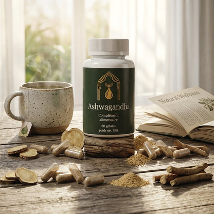 Bocal de complément alimentaire Ashwagandha vert avec tasse, livre, poudre et gélules sur bois.