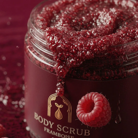 Pot de gommage à la framboise : texture granuleuse rouge au bord, framboise visible