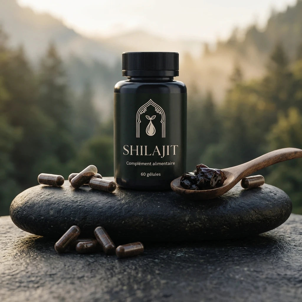 Flacon de Shilajit noir 60 gélules sur pierre, avec gélules et cuillère.