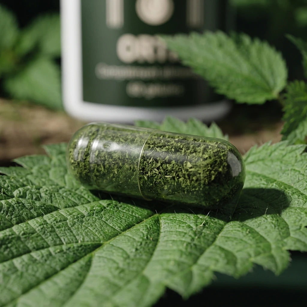 Gélule d’ortie verte en capsule transparente, sur feuilles d’ortie