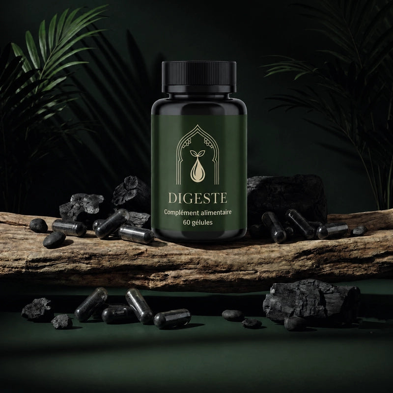 Bouteille de complément Digeste vert foncé, bouchon noir, gélules noires, 60 gélules