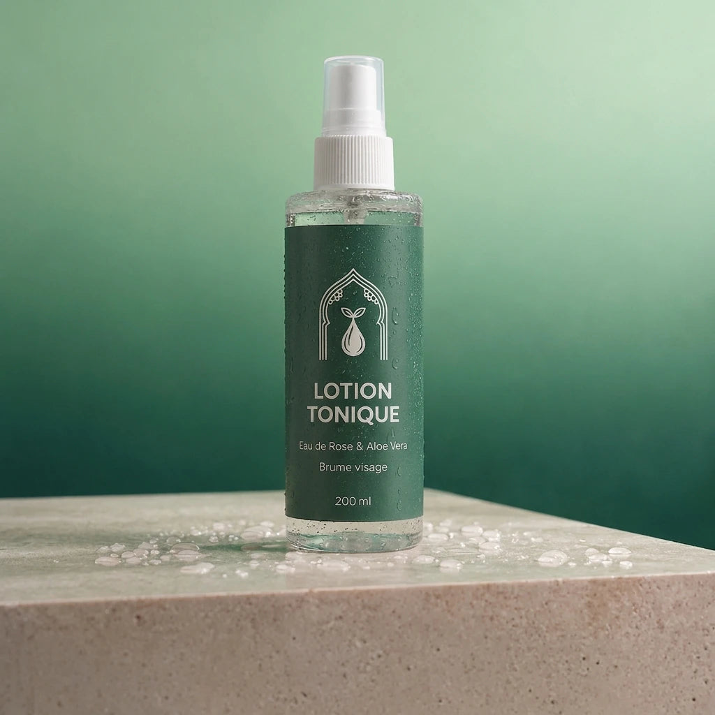 Flacon de lotion tonique vert à spray, vue de face, étiquette blanche « LOTION TONIQUE », 200 ml.