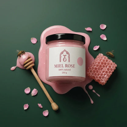Pot de miel rose 250 g, cuillère en bois et rayon de cire, miel rose qui s’écoule