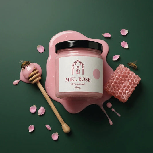 Pot de miel rose 250 g, cuillère en bois et rayon de cire, miel rose qui s’écoule