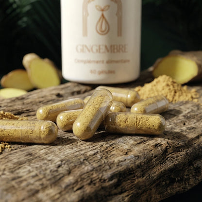 Gélules de gingembre et poudre, flacon blanc 60 gélules sur support en bois