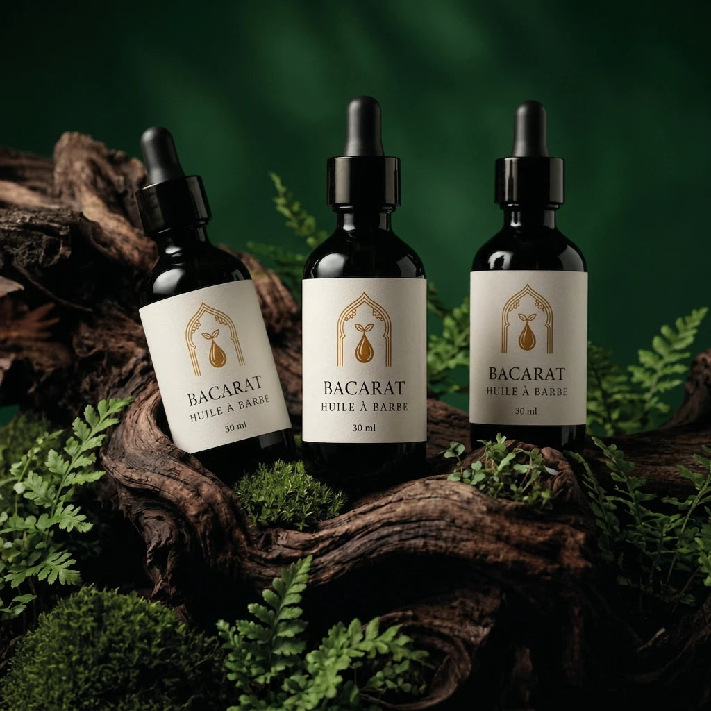 Lot de flacons d’huile à barbe Bacarat, bouchon noir, étiquettes crème