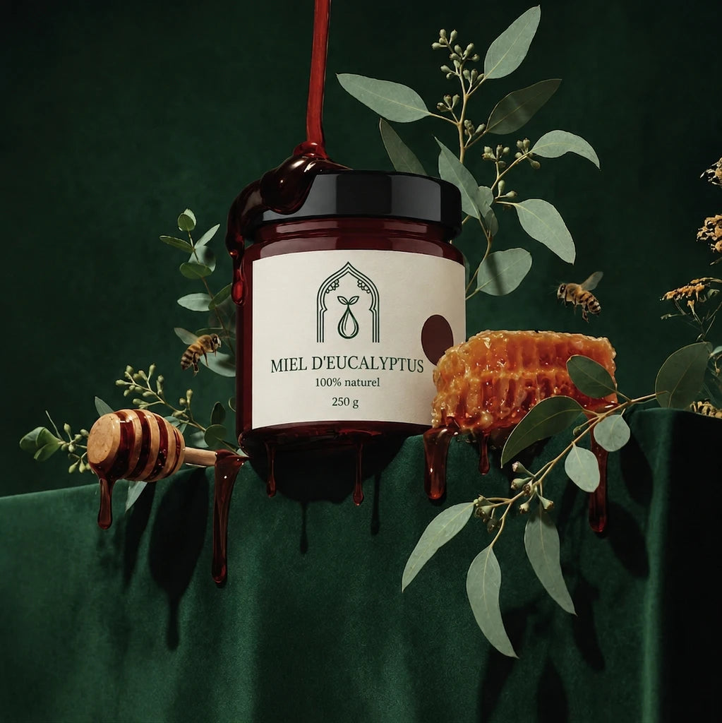 Pot de miel d’eucalyptus 250 g en verre ambré, couvercle noir, label crème.
