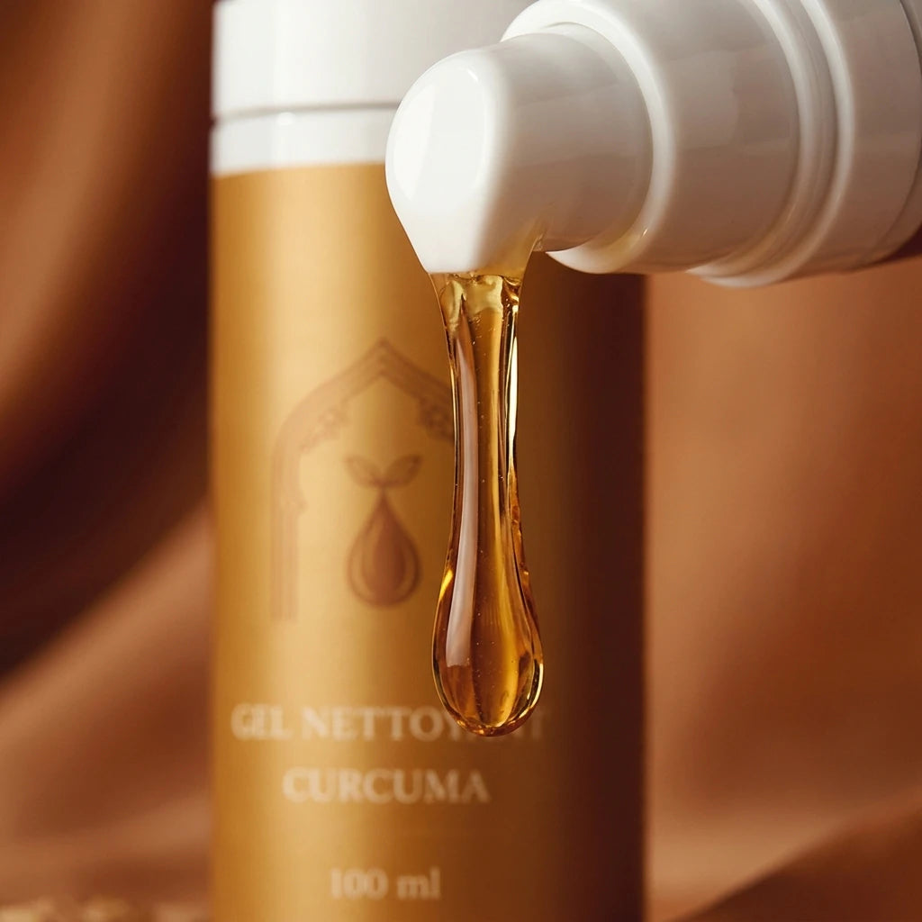 Flacon-pompe de gel nettoyant à la curcuma, verse en gel doré.