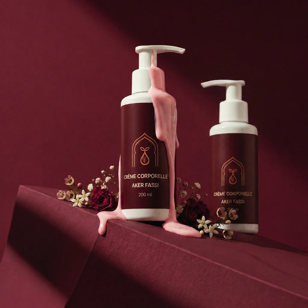 Crème pour le corps Aker Fassi, flacons bruns à pompes blanches avec crème rose