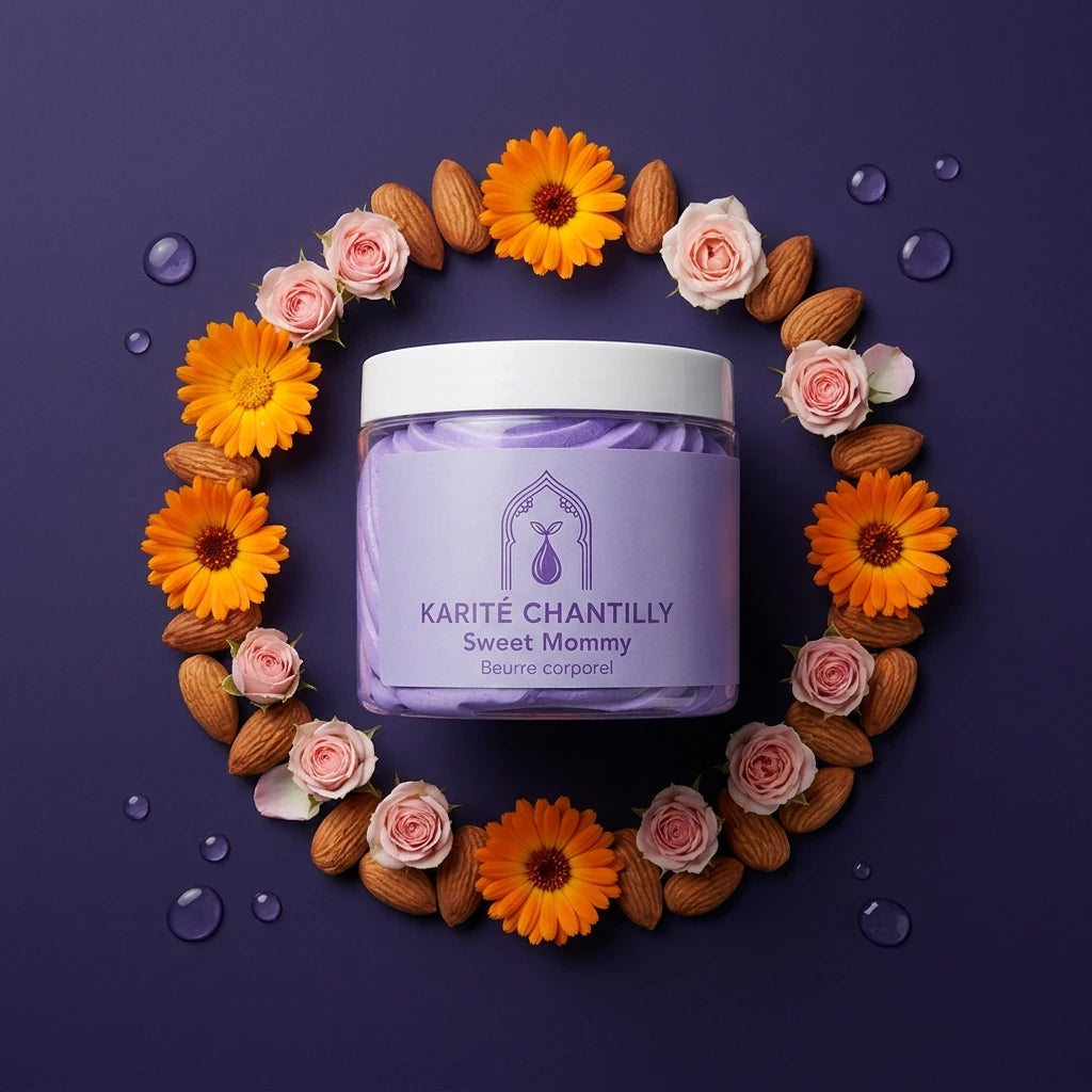 Pot de chantilly au karité lilas entouré d’une couronne de fleurs et d’amandes.