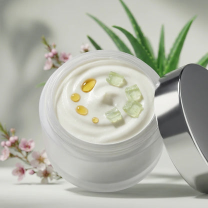 Crème visage blanche dans un pot ouvert, perles dorées et petits cubes verts