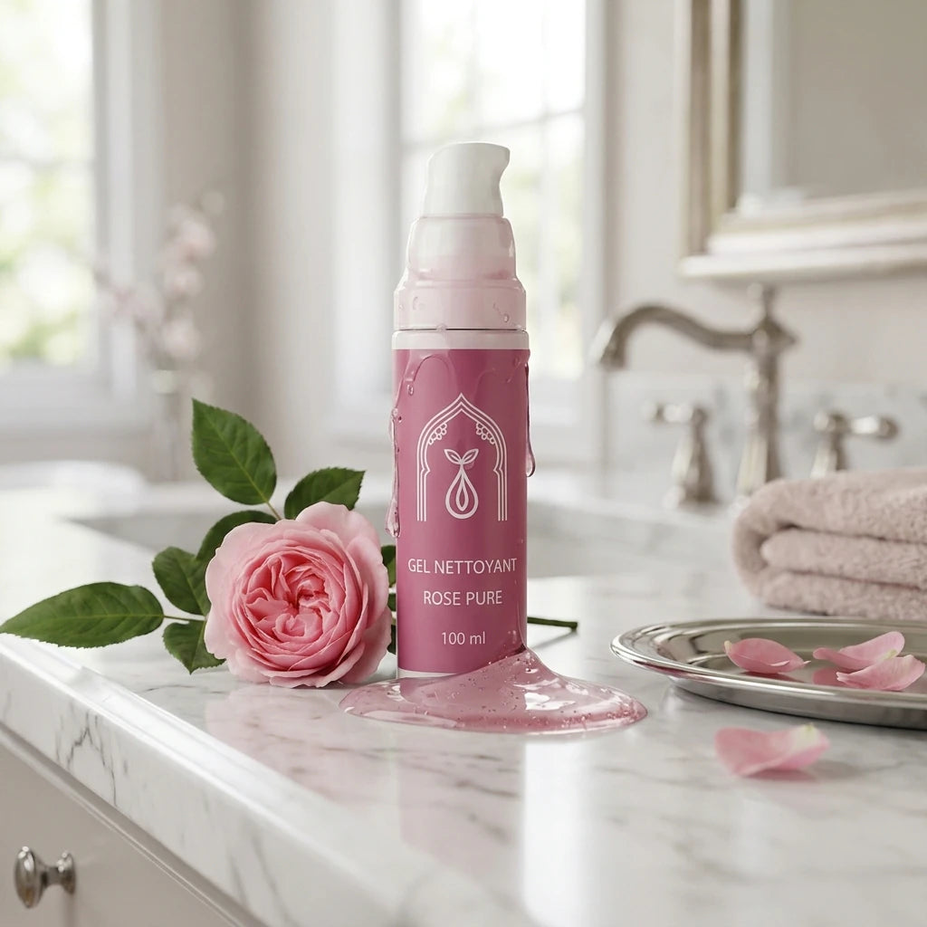 Flacon-pompe de gel nettoyant rose poudré, étiquette et bouchon blanc.