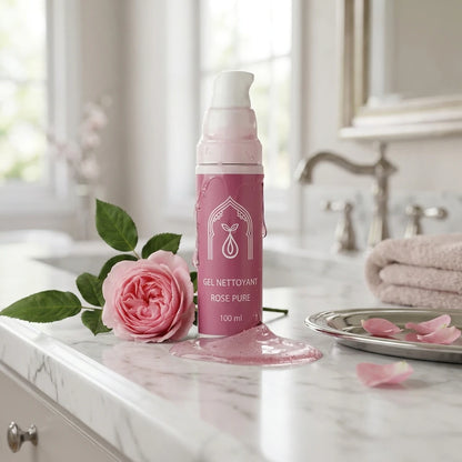 Flacon-pompe de gel nettoyant rose poudré, étiquette et bouchon blanc.