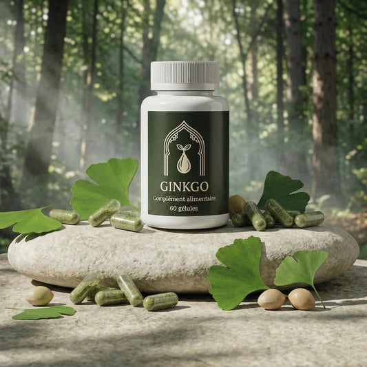 Bocal blanc de complément au ginkgo, étiquette vert doré, gélules vertes et beige autour
