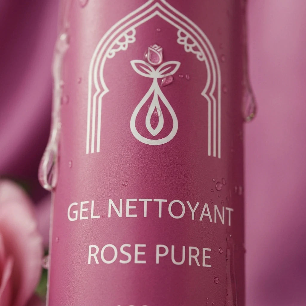 Flacon de gel nettoyant Rose Pure, vue rapprochée de l’étiquette.