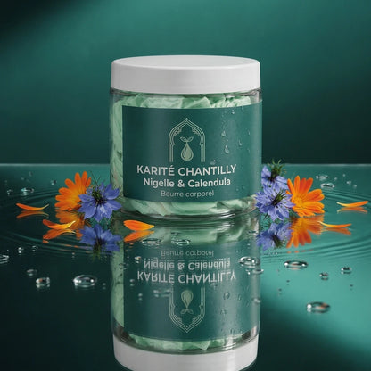 Pot de beurre corporel Karité Chantilly Nigelle & Calendula, couvercle blanc, étiquette verte.