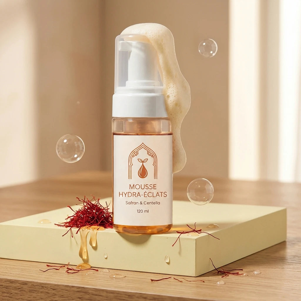 Flacon-pompe mousse hydra-éclats sur boîte beige, safran rouge et petites billes