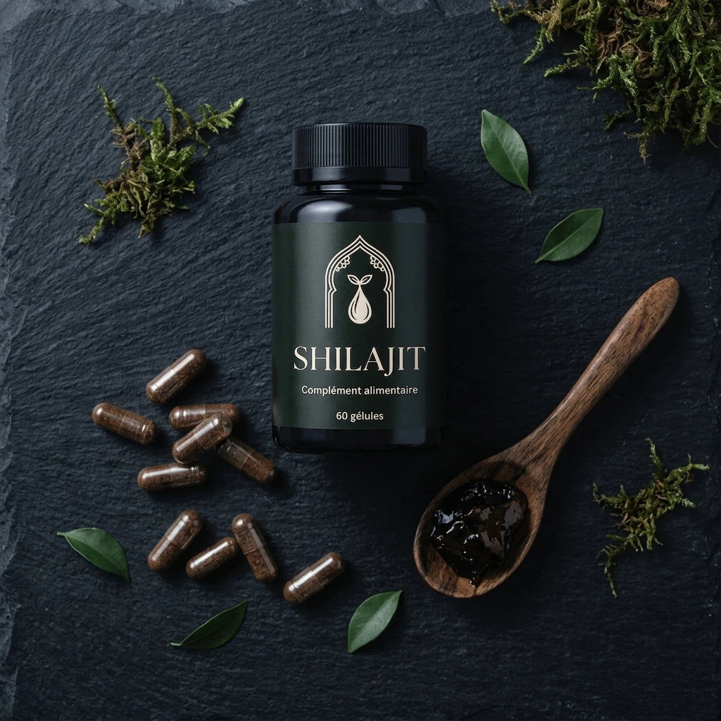 Bouteille de Shilajit noir 60 gélules avec gélules brunes autour.