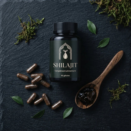 Bouteille de Shilajit noir 60 gélules avec gélules brunes autour.