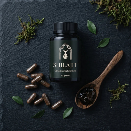 Bouteille de Shilajit noir 60 gélules avec gélules brunes autour.