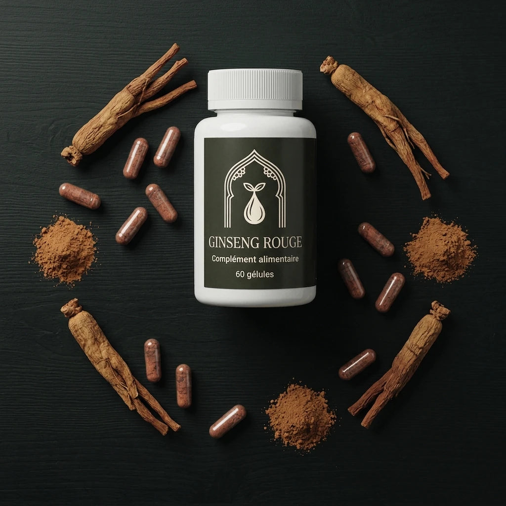 Bouteille de complément alimentaire ginseng rouge, bouchon blanc, gélules marron autour.