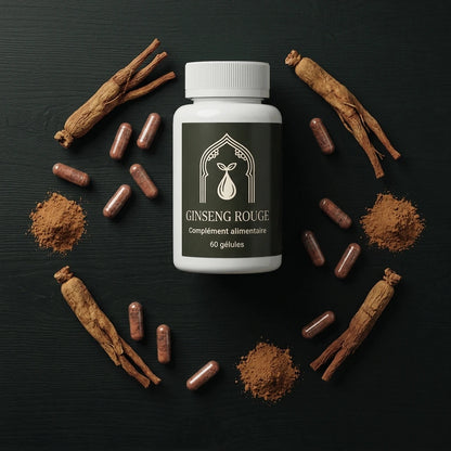 Bouteille de complément alimentaire ginseng rouge, bouchon blanc, gélules marron autour.