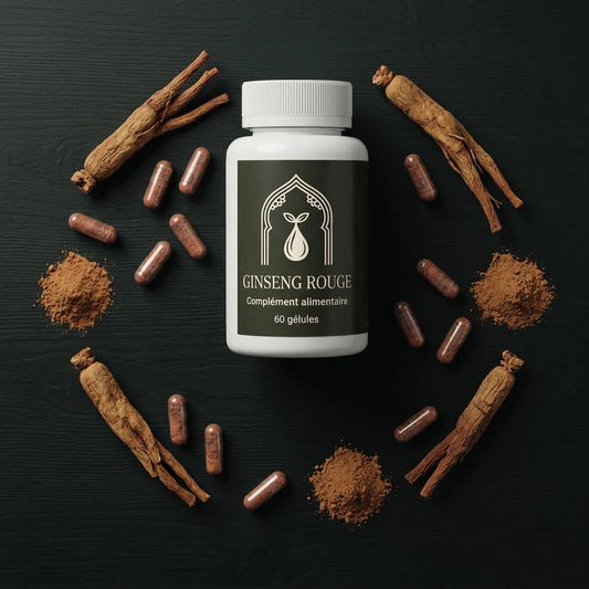 Bouteille de complément alimentaire ginseng rouge, bouchon blanc, gélules marron autour.