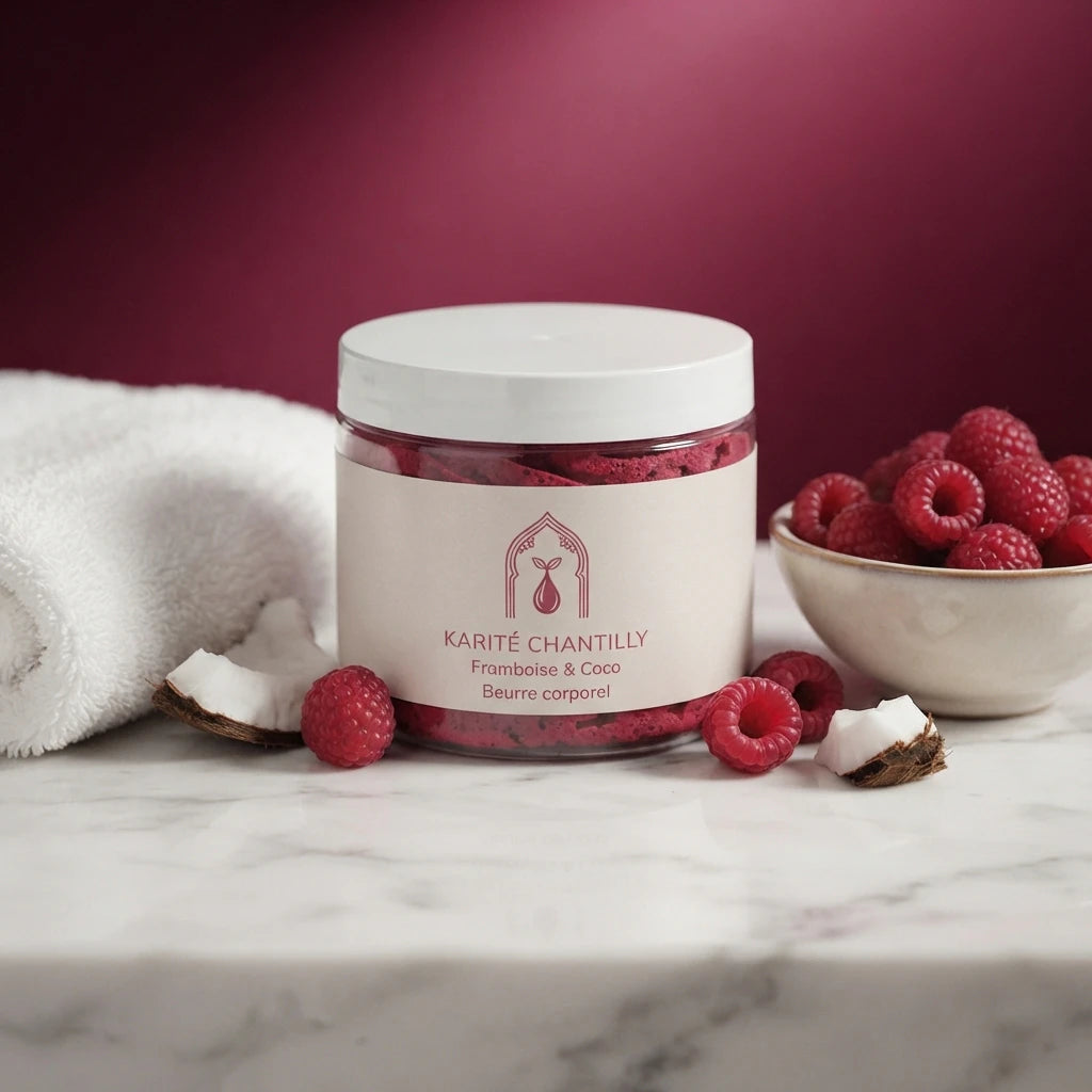 Pot de karité chantilly framboise-coco avec framboises et morceaux de coco.