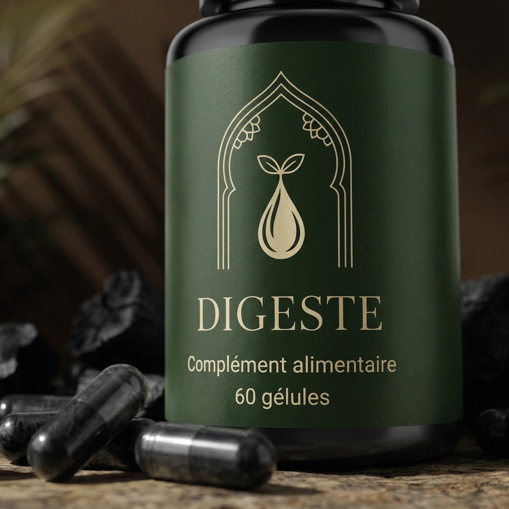 Bouteille de complément alimentaire Digeste vert foncé, bouchon noir, 60 gélules