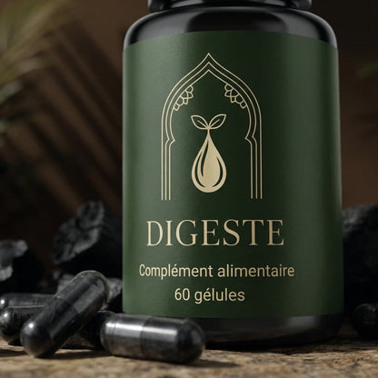 Bouteille de complément alimentaire Digeste vert foncé, bouchon noir, 60 gélules