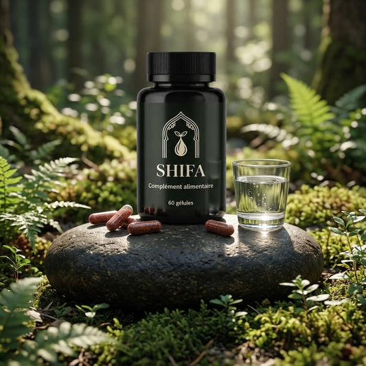 Flacon noir de compléments en gélules, logo doré SHIFA, 60 gélules, avec capsules.