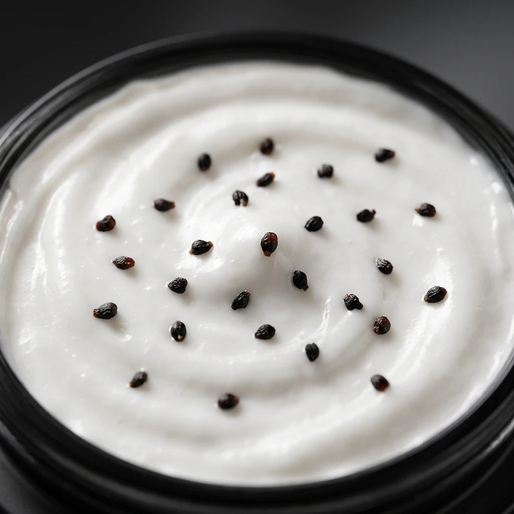 Crème visage blanche en pot, parsemée de graines noires en gros plan.