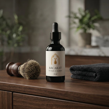 Flacon d’huile à barbe Bacarat, verre ambré foncé, compte-gouttes noir, étiquette crème