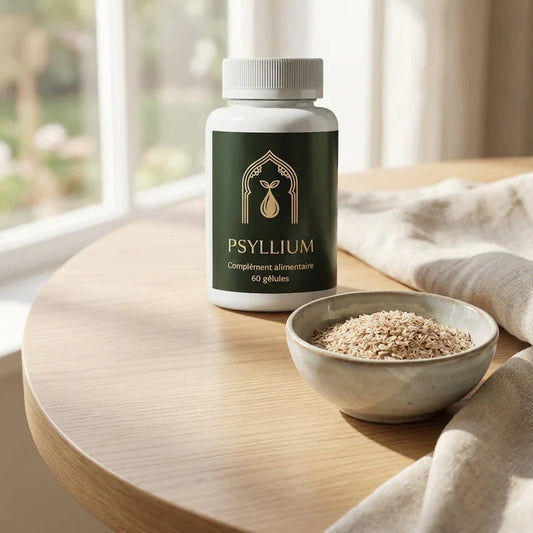 Flacon de complément au psyllium 60 gélules, bol de graines à côté sur table.