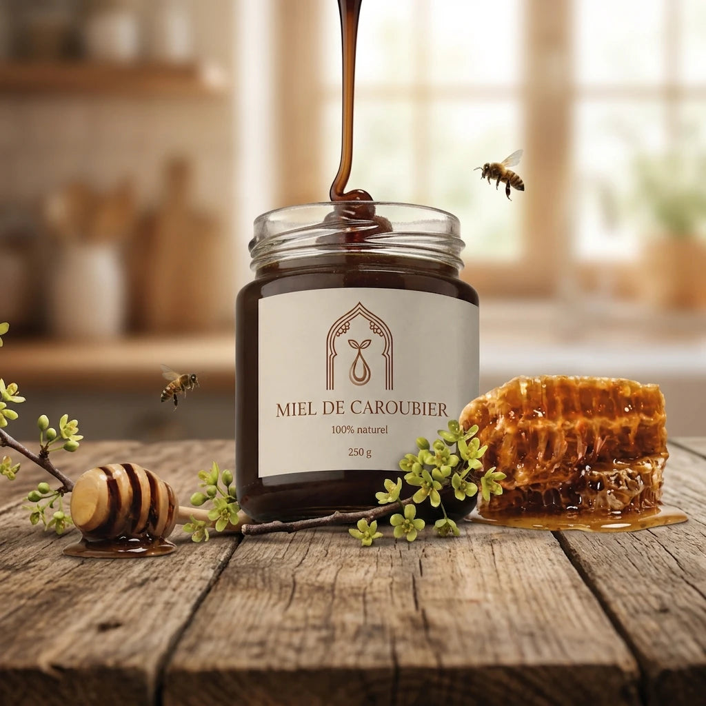 Pot de miel de caroubier 250 g sur table en bois, abeilles, fleurs et miel qui coule