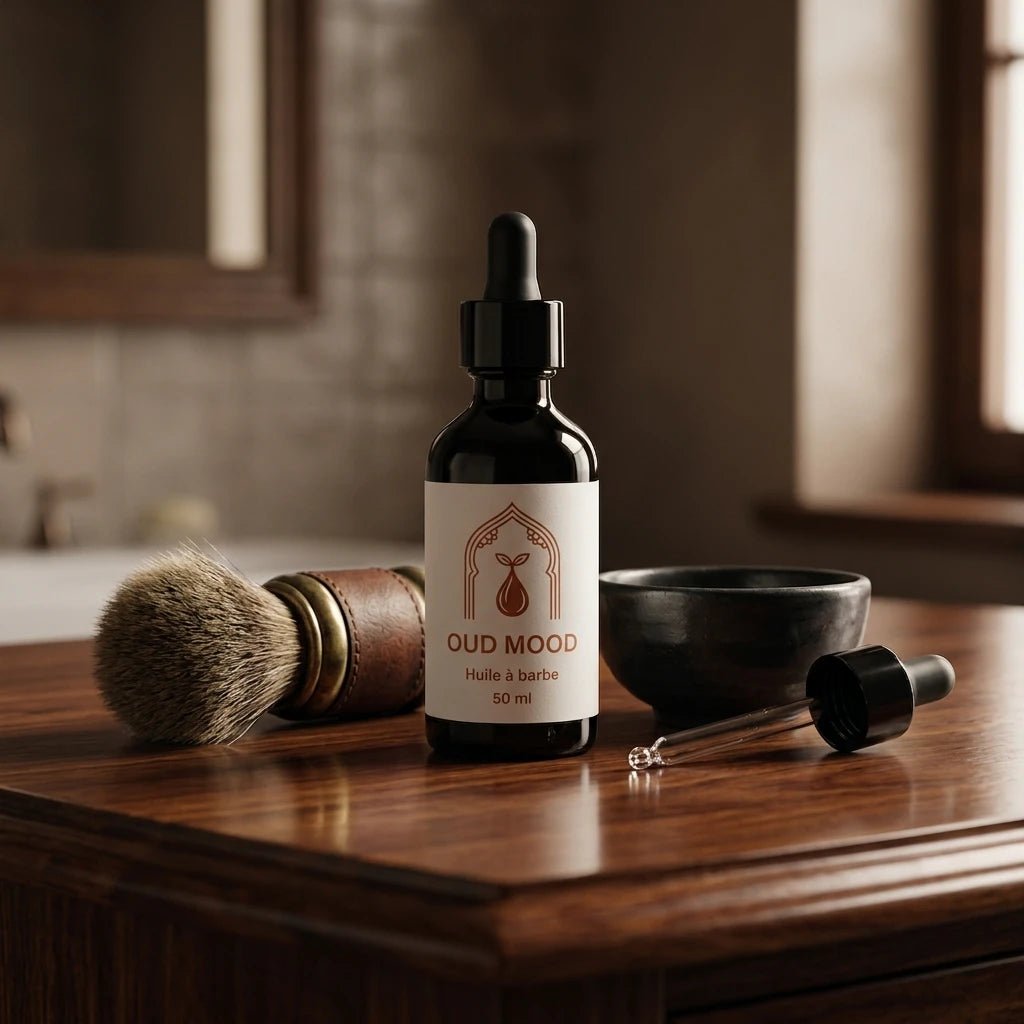 Huile à barbe Oud mood 50 ml : flacon noir à compte-gouttes et brosse