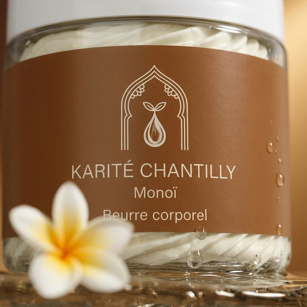 Pot en verre de beurre de karité chantilly au monoï, étiquette brune, perles d’eau sur le pot.