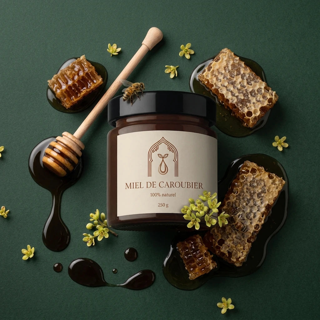 Pot de miel de caroubier 250 g entouré de morceaux de miel, cuillères en bois et abeilles