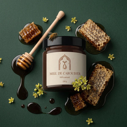 Pot de miel de caroubier 250 g entouré de morceaux de miel, cuillères en bois et abeilles